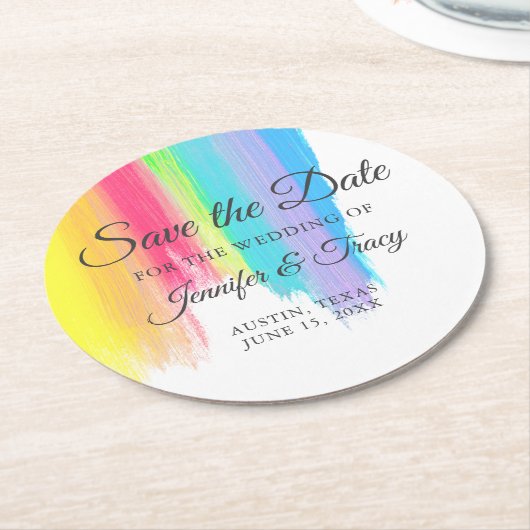 Rainbow Waterverf LGBTQ Wedding Save the Date Ronde Kartonnen Onderzetter (Gebogen)