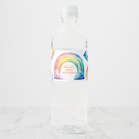 Rainbow Waterverf Meisje Verjaardag Flessenlabel Waterfles Etiket (Voorkant)