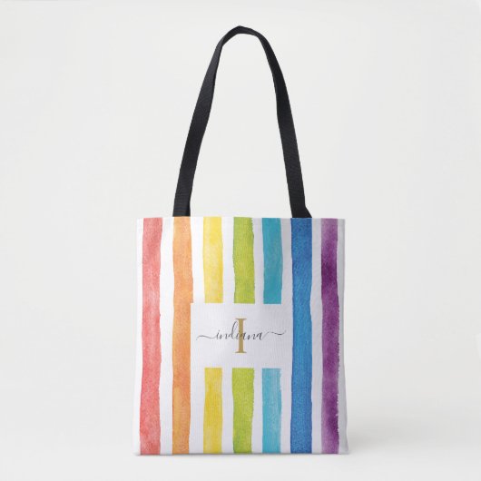 Rainbow Waterverf Monogram Naam Initiaal Aangepast Tote Bag (Voorkant)