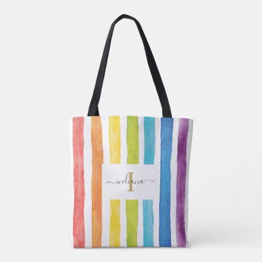Rainbow Waterverf Monogram Naam Initiaal Aangepast Tote Bag (Achterkant)