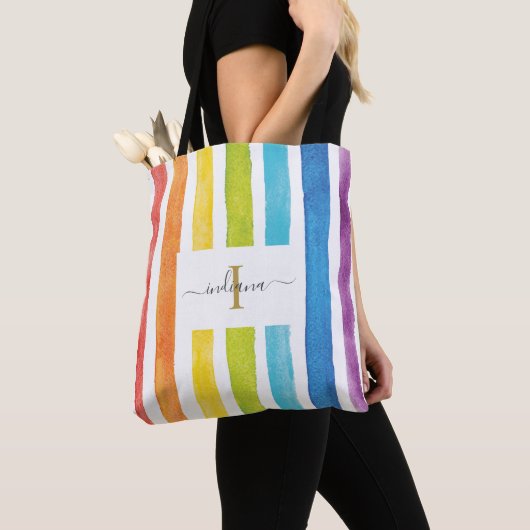 Rainbow Waterverf Monogram Naam Initiaal Aangepast Tote Bag (Dichtbij)