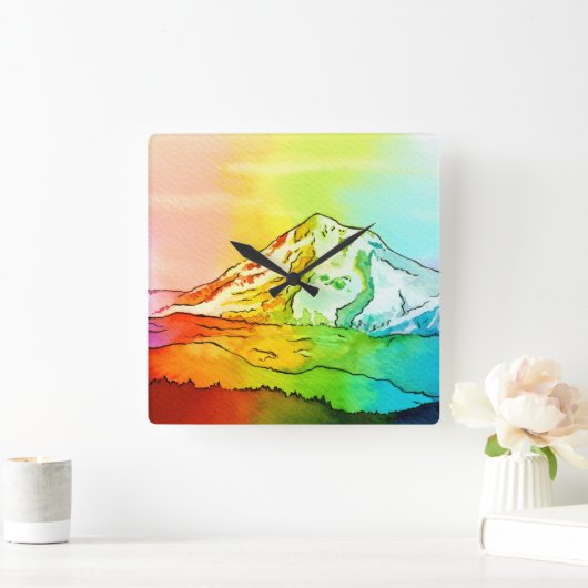 Rainbow Waterverf Mount Hood Vierkante Klok (Huis)