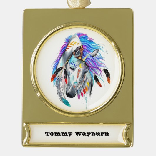 Rainbow-waterverf-paard Verguld Banner Ornament (Voorkant)