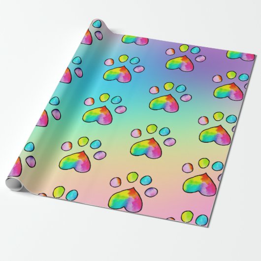 Rainbow Waterverf Paw Print Birthday Party Wrappi Cadeaupapier (Uitgerold)