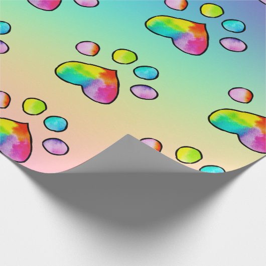 Rainbow Waterverf Paw Print Birthday Party Wrappi Cadeaupapier (Hoek)