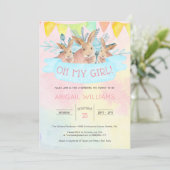 Rainbow Waterverf Rabbits Girl Baby shower Kaart (Staand voorkant)