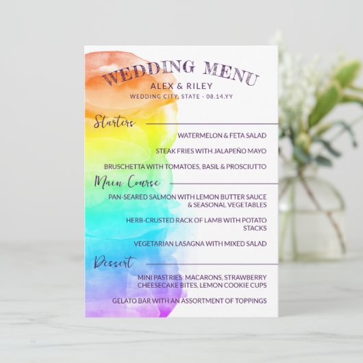 Rainbow Waterverf Splash LGBTQ Wedding Menu (Staand voorkant)