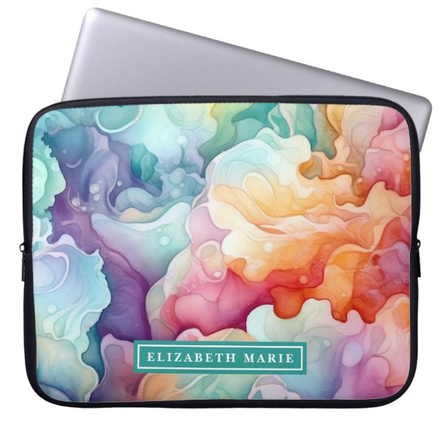 Rainbow Waterverf Splash Naam Sjabloon Laptop Sleeve (Voorkant)