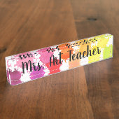 Rainbow Waterverf Splatter Teacher Desk Naambordje (Zijkant)