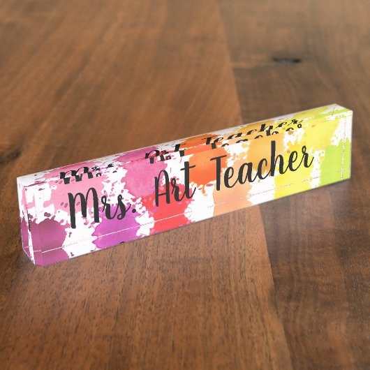 Rainbow Waterverf Splatter Teacher Desk Naambordje (Zijkant)