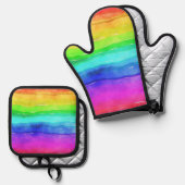 Rainbow Waterverf Stripes Design Ovenwant & Pannenlap Set (Voorkant / Achterkant)