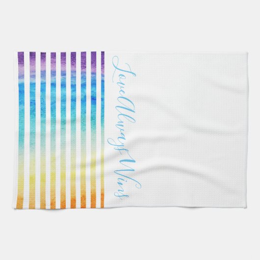 Rainbow Waterverf Stripes Love Wins Script Theedoek (Horizontaal)