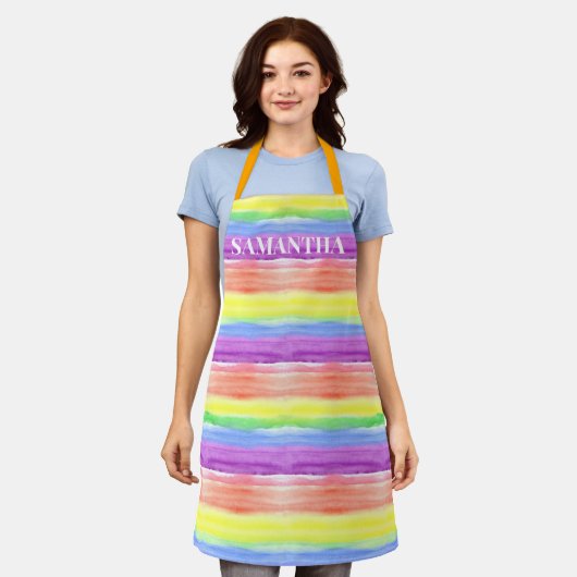 Rainbow Waterverf Stripes Monogram naam Schort (Gedragen)