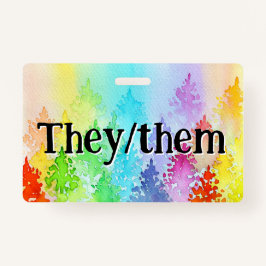 Rainbow Waterverf Trees Pronouns Badge