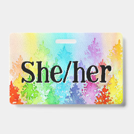 Rainbow Waterverf Trees Pronouns Badge
