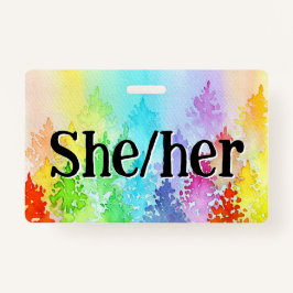 Rainbow Waterverf Trees Pronouns Badge
