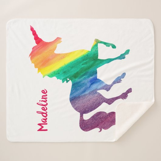 Rainbow Waterverf Unicorn Silhouette Girls Sherpa Deken (Voorkant (horizontaal))
