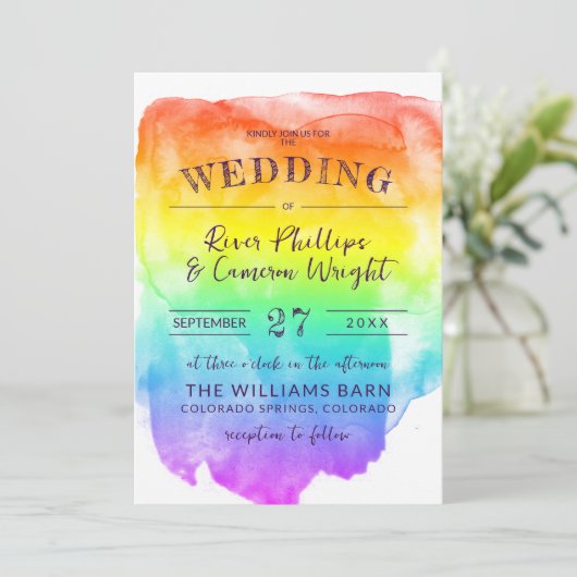 Rainbow Waterverf Wash LGBTQ Wedding Kaart (Staand voorkant)