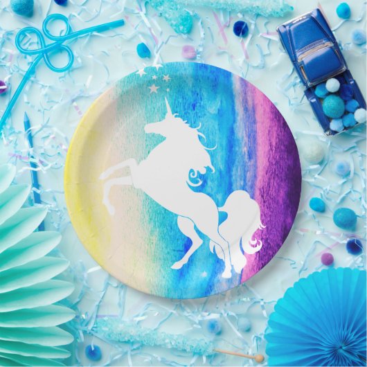 Rainbow-Waterverf & White Unicorn Silhouette Papieren Bordje (Feest)
