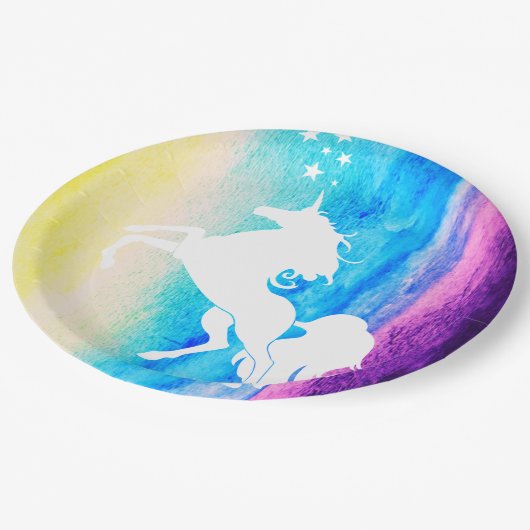 Rainbow-Waterverf & White Unicorn Silhouette Papieren Bordje (Gekanteld)