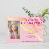 Rainbow Waves Sterren Roze Meisje Foto Verjaardags Kaart (Staand voorkant)