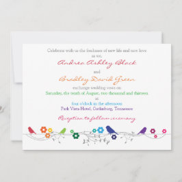 Rainbow Wedding Invitation Birds Flowers Kaart