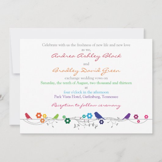 Rainbow Wedding Invitation Birds Flowers Kaart (Voorkant)