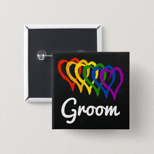 Rainbow Wedding Layered Hearts Groom Vierkante Button 5,1 Cm (Voorkant /achterkant)