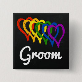 Rainbow Wedding Layered Hearts Groom Vierkante Button 5,1 Cm