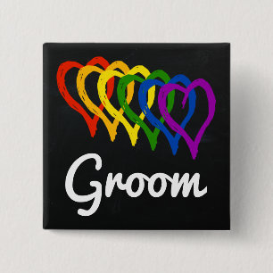 Rainbow Wedding Layered Hearts Groom Vierkante Button 5,1 Cm