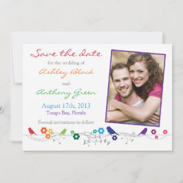 Rainbow Wedding Save the Date Birds Flowers