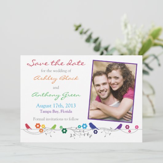 Rainbow Wedding Save the Date Birds Flowers (Staand voorkant)