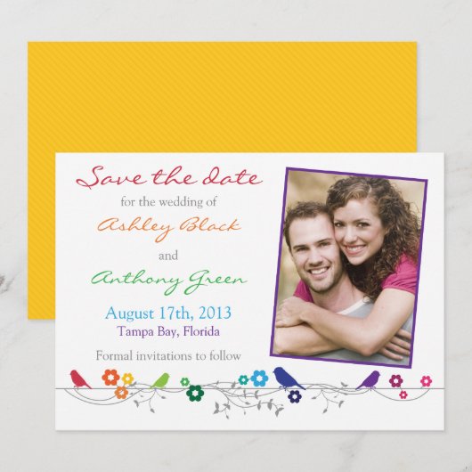 Rainbow Wedding Save the Date Birds Flowers (Voorkant / Achterkant)