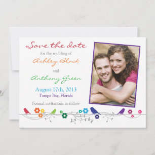 Rainbow Wedding Save the Date Birds Flowers