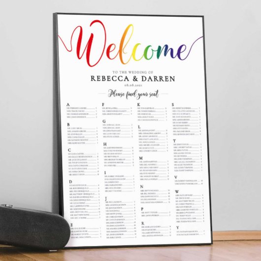 Rainbow Wedding Seding Chart Alfabethical Poster
