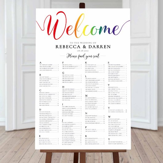 Rainbow Wedding Seding Chart Alfabethical Poster