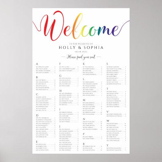 Rainbow Wedding Seding Chart Alfabethical Poster (Voorkant)