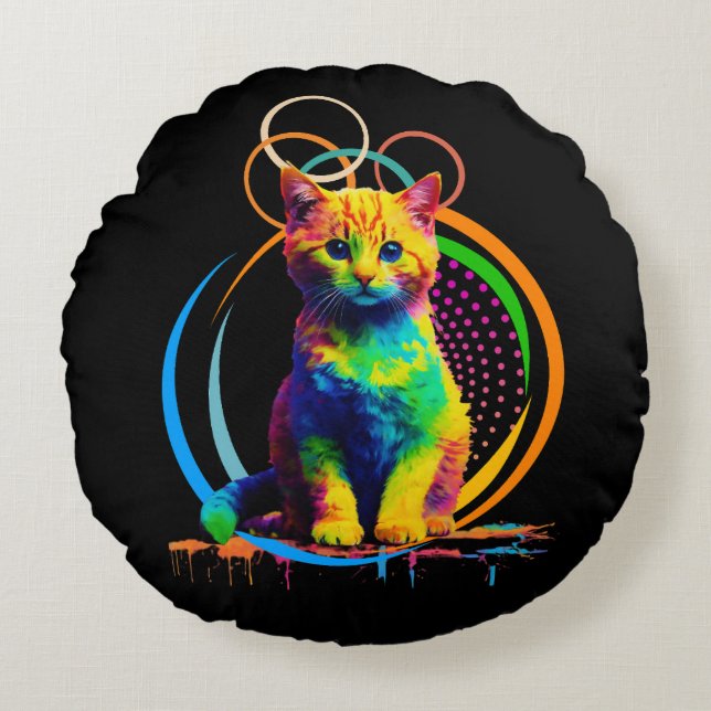 Rainbow Whiskers Een veelkleurige kat droom Rond Kussen (Voorkant)