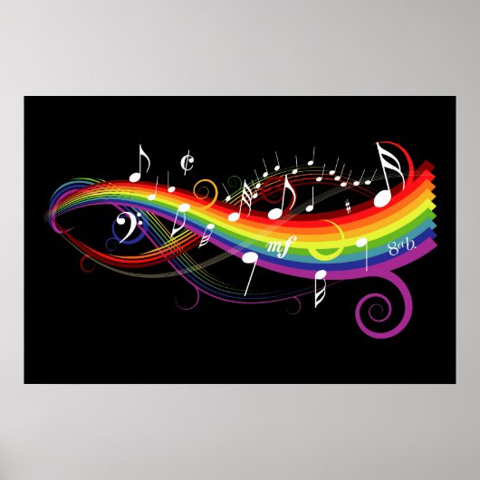 Rainbow White-Muzieknoten op zwart Poster (Voorkant)