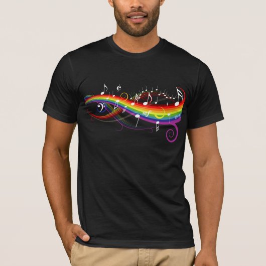 Rainbow White-Muzieknoten op zwart T-shirt (Voorkant)