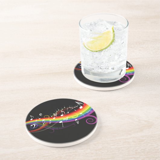 Rainbow White-Muzieknoten op zwart Zandsteen Onderzetter (Zijkant)
