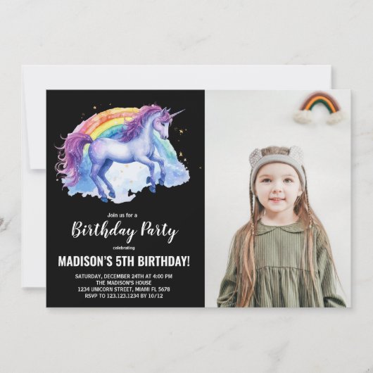 Rainbow White Unicorn Verjaardag Uitnodigingen fot (Voorkant)