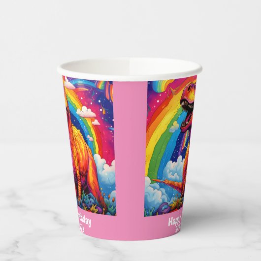 Rainbow Wild Een verjaardag T Rex Dinosaur Roze Papieren Bekers (Links)