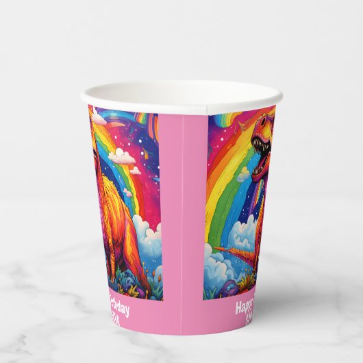 Rainbow Wild Een verjaardag T Rex Dinosaur Roze Papieren Bekers (Rechts)