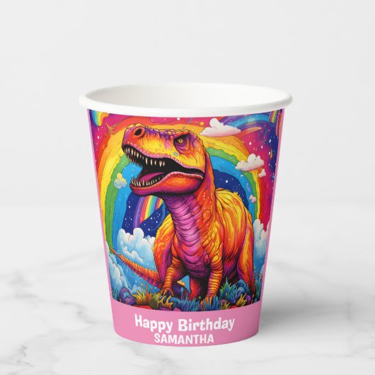 Rainbow Wild Een verjaardag T Rex Dinosaur Roze Papieren Bekers (Voorkant)