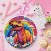 Rainbow Wild Een verjaardag T Rex Papieren Bordje (Feest)
