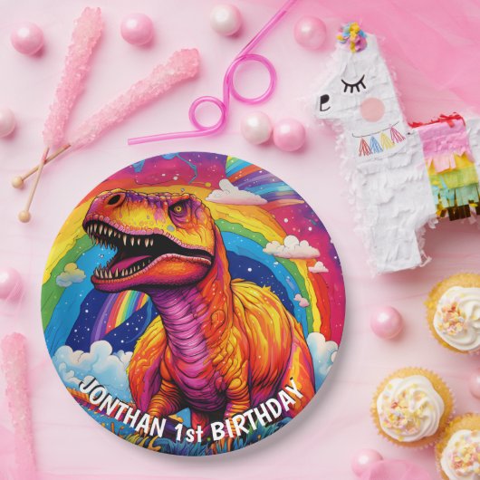 Rainbow Wild Een verjaardag T Rex Papieren Bordje (Feest)