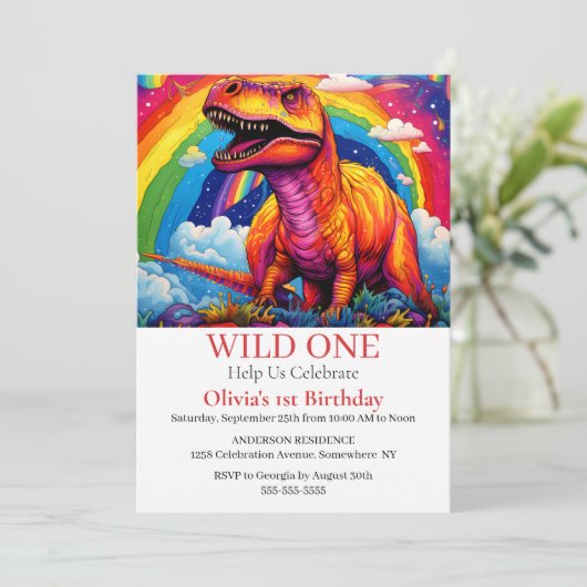 Rainbow Wild Een verjaardag T Rex thema Kaart (Staand voorkant)
