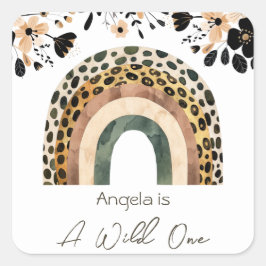Rainbow Wild One Boho Floral Kids Verjaardag Vierkante Sticker