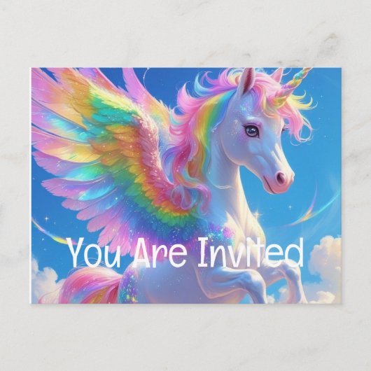 Rainbow Winged Prancing Unicorn Uitnodiging Briefkaart (Voorkant)